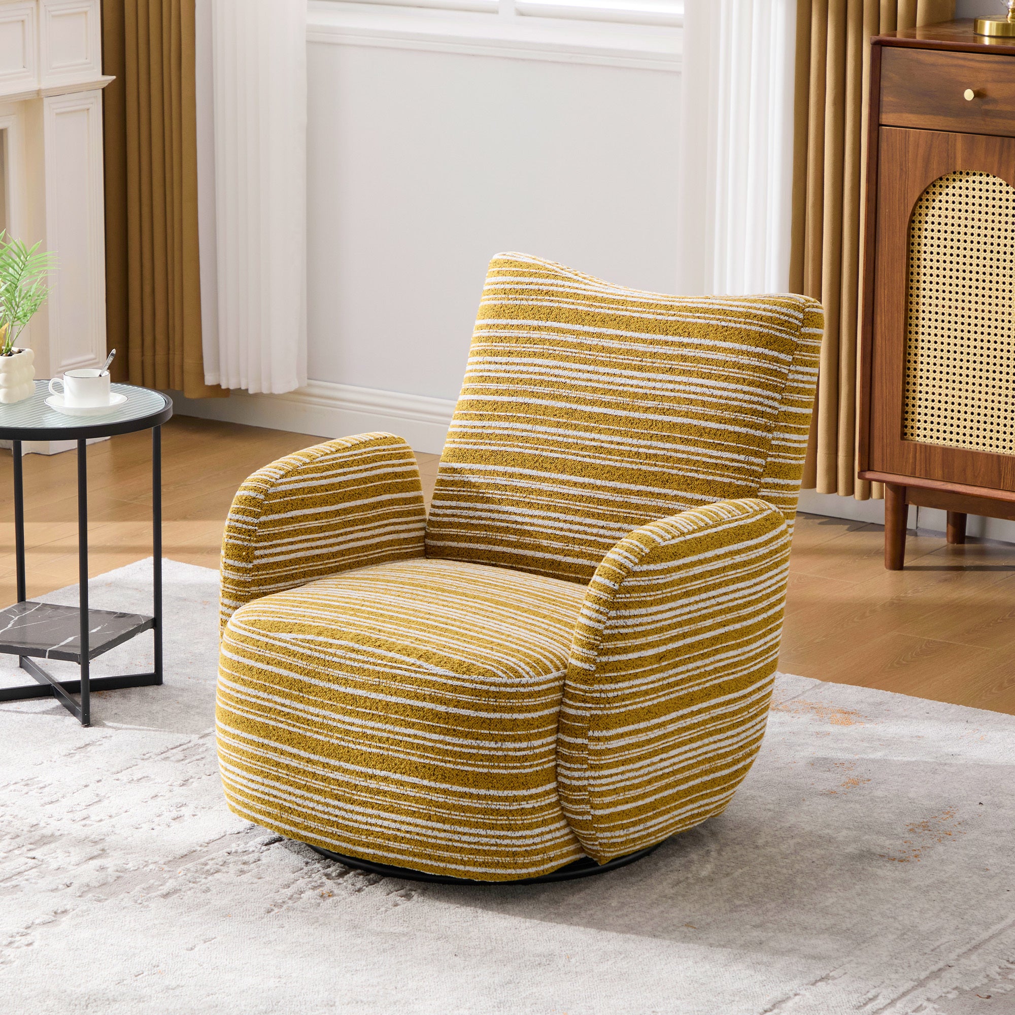 Modern Style 360° Swivel Leisure Chair Fabric Striped Armrest Swivel Chair with sand-rimmed fabric and metal bracket, suitable for living room, balcony and bedroom Accent Chair