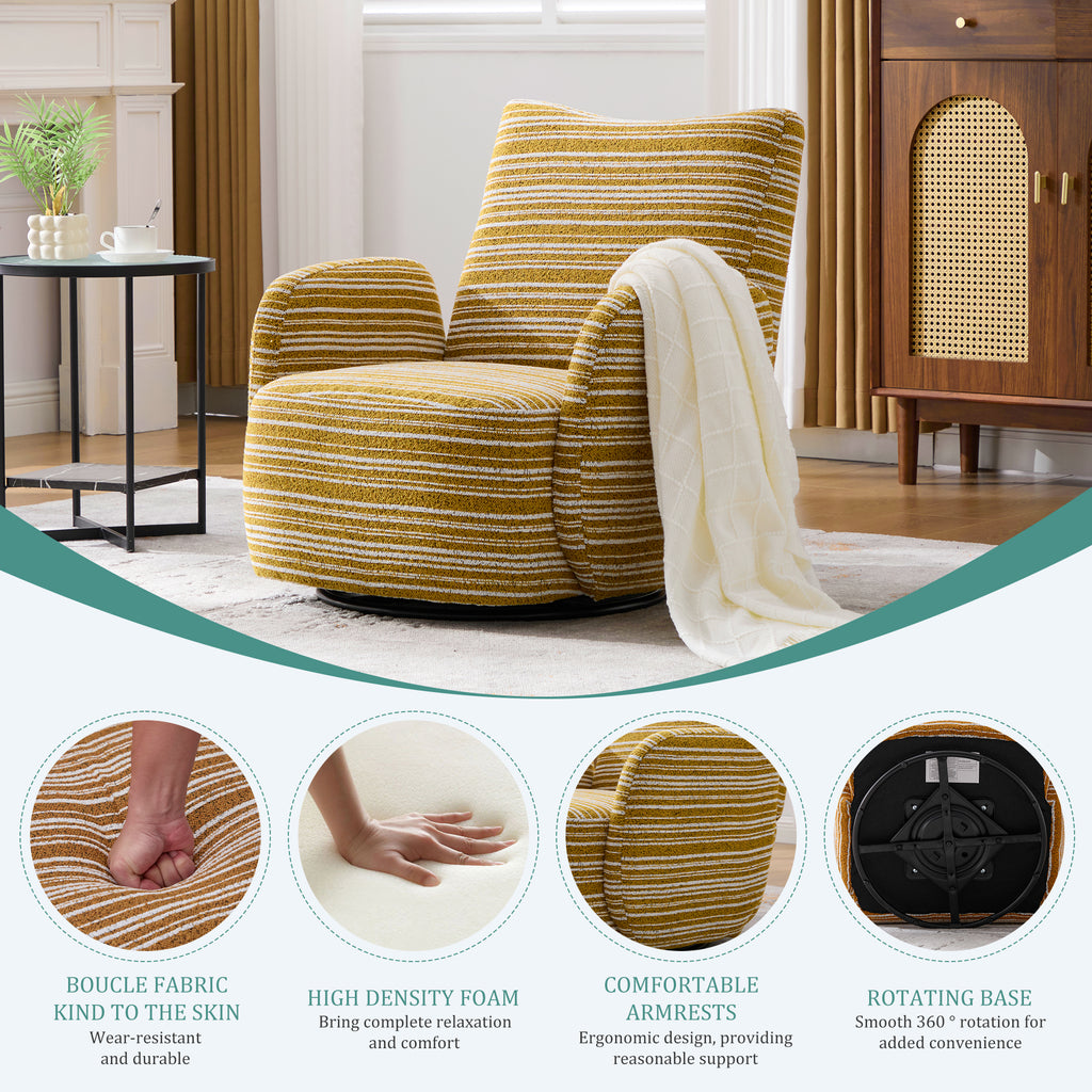 Modern Style 360° Swivel Leisure Chair Fabric Striped Armrest Swivel Chair with sand-rimmed fabric and metal bracket, suitable for living room, balcony and bedroom Accent Chair