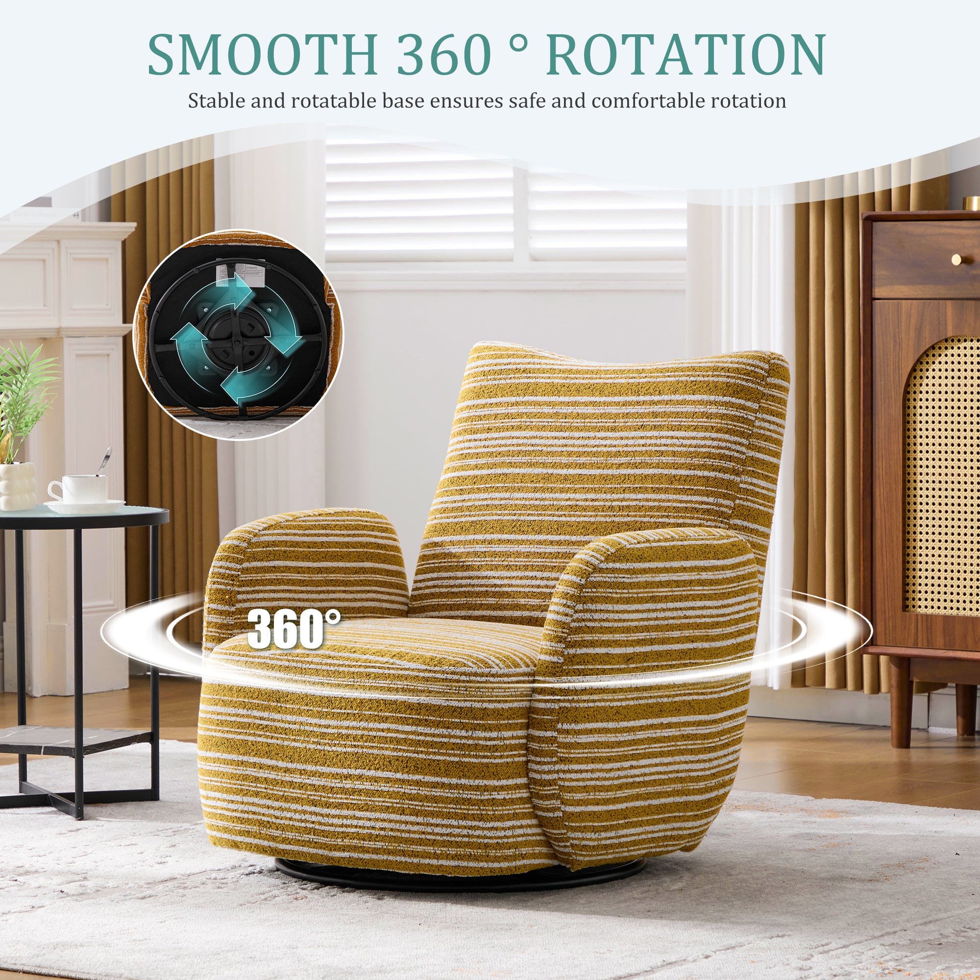 Modern Style 360° Swivel Leisure Chair Fabric Striped Armrest Swivel Chair with sand-rimmed fabric and metal bracket, suitable for living room, balcony and bedroom Accent Chair