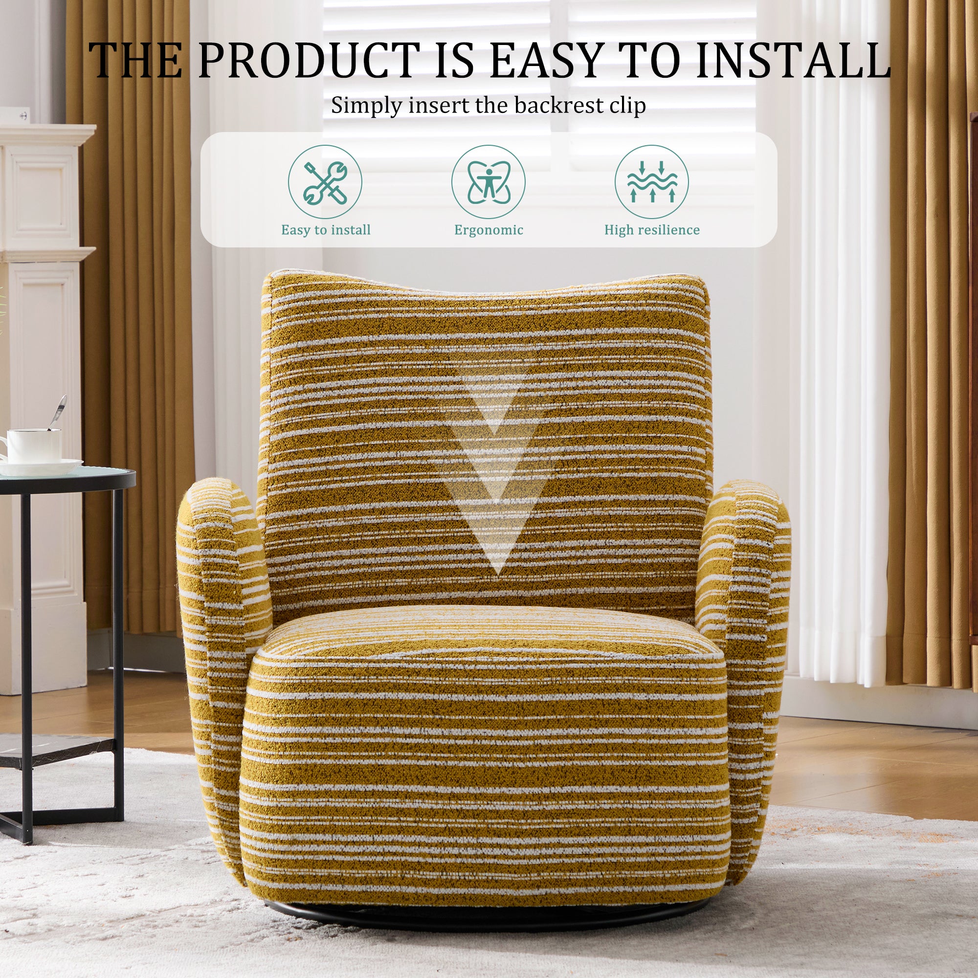 Modern Style 360° Swivel Leisure Chair Fabric Striped Armrest Swivel Chair with sand-rimmed fabric and metal bracket, suitable for living room, balcony and bedroom Accent Chair