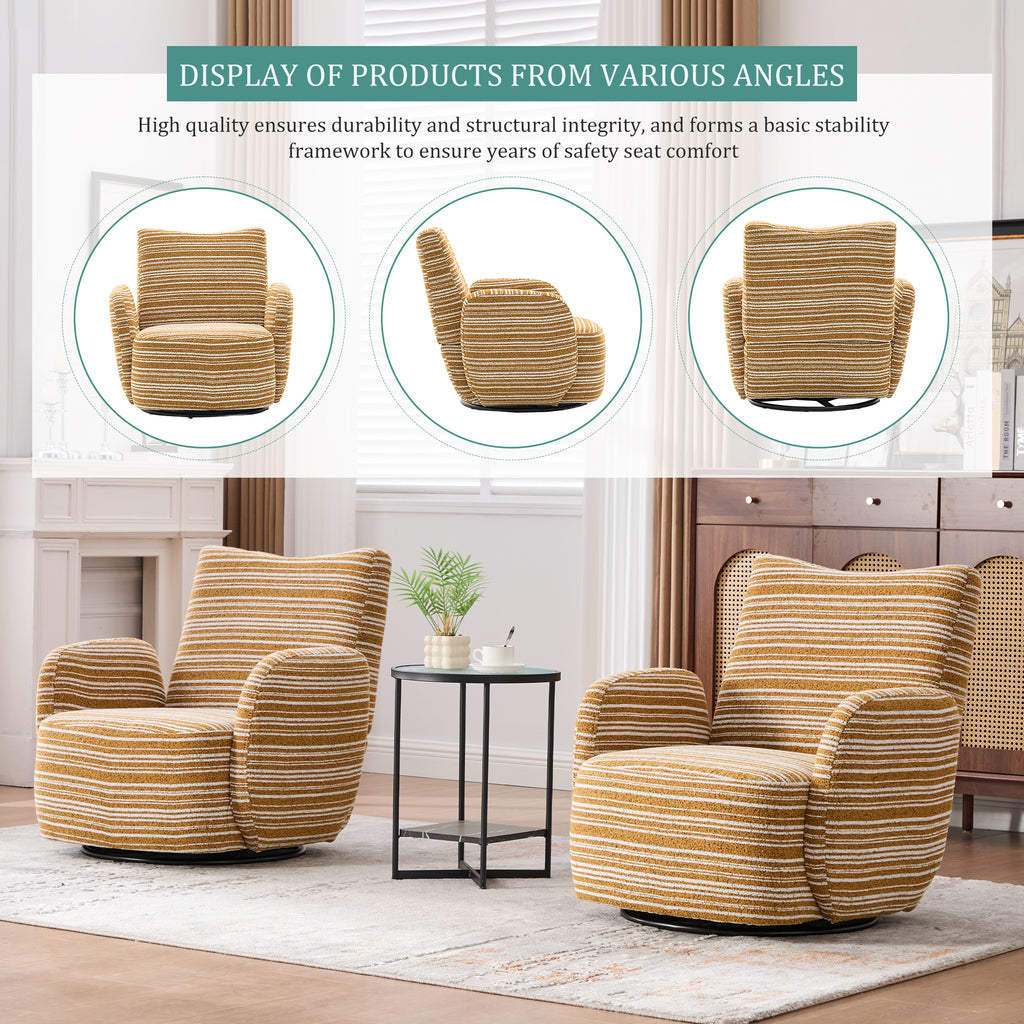 Modern Style 360° Swivel Leisure Chair Fabric Striped Armrest Swivel Chair with sand-rimmed fabric and metal bracket, suitable for living room, balcony and bedroom Accent Chair