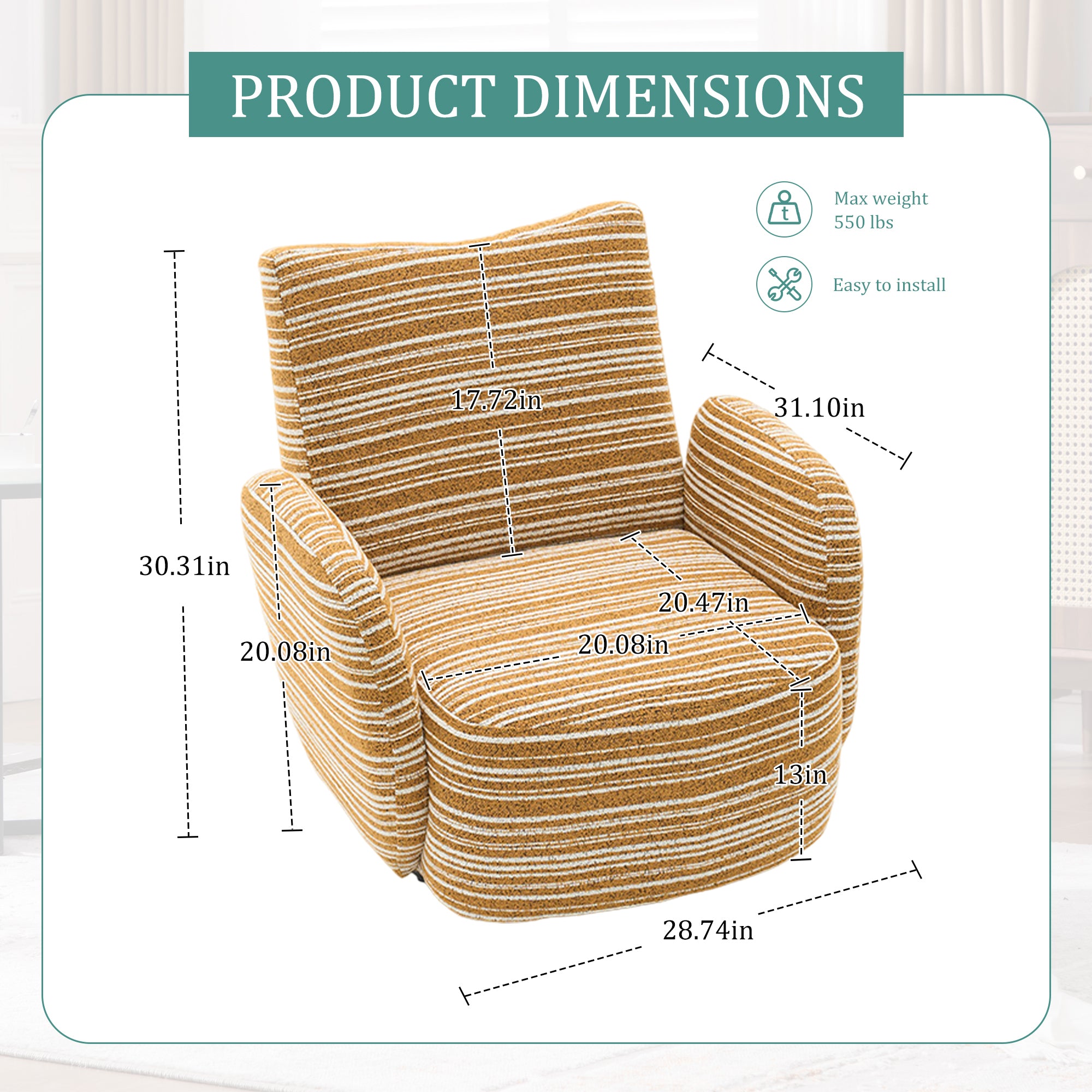 Modern Style 360° Swivel Leisure Chair Fabric Striped Armrest Swivel Chair with sand-rimmed fabric and metal bracket, suitable for living room, balcony and bedroom Accent Chair