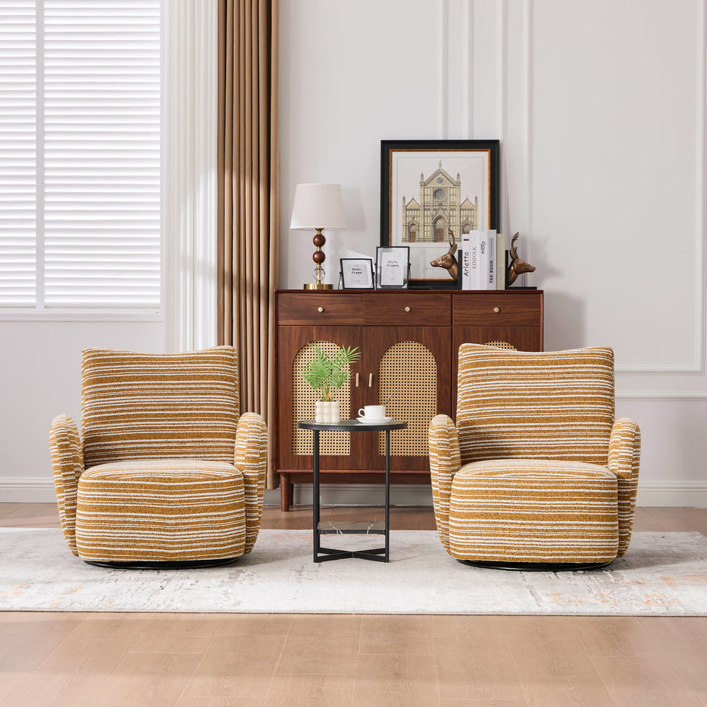 Modern Style 360° Swivel Leisure Chair Fabric Striped Armrest Swivel Chair with sand-rimmed fabric and metal bracket, suitable for living room, balcony and bedroom Accent Chair