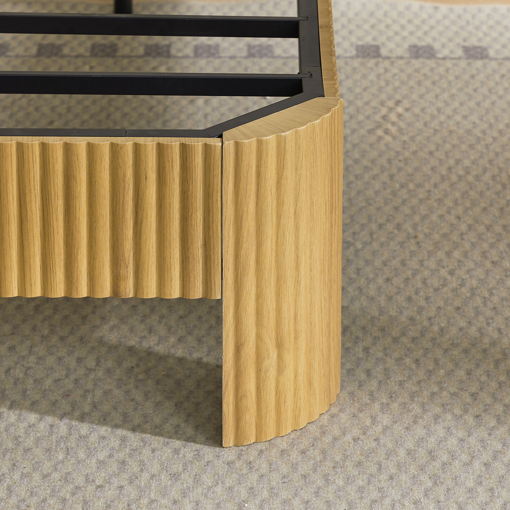 Full Extra Long(Full XL) Size bed frame with storage headboard, built-in charging station, wavy curved lines design, silent operation, metal support, Natural