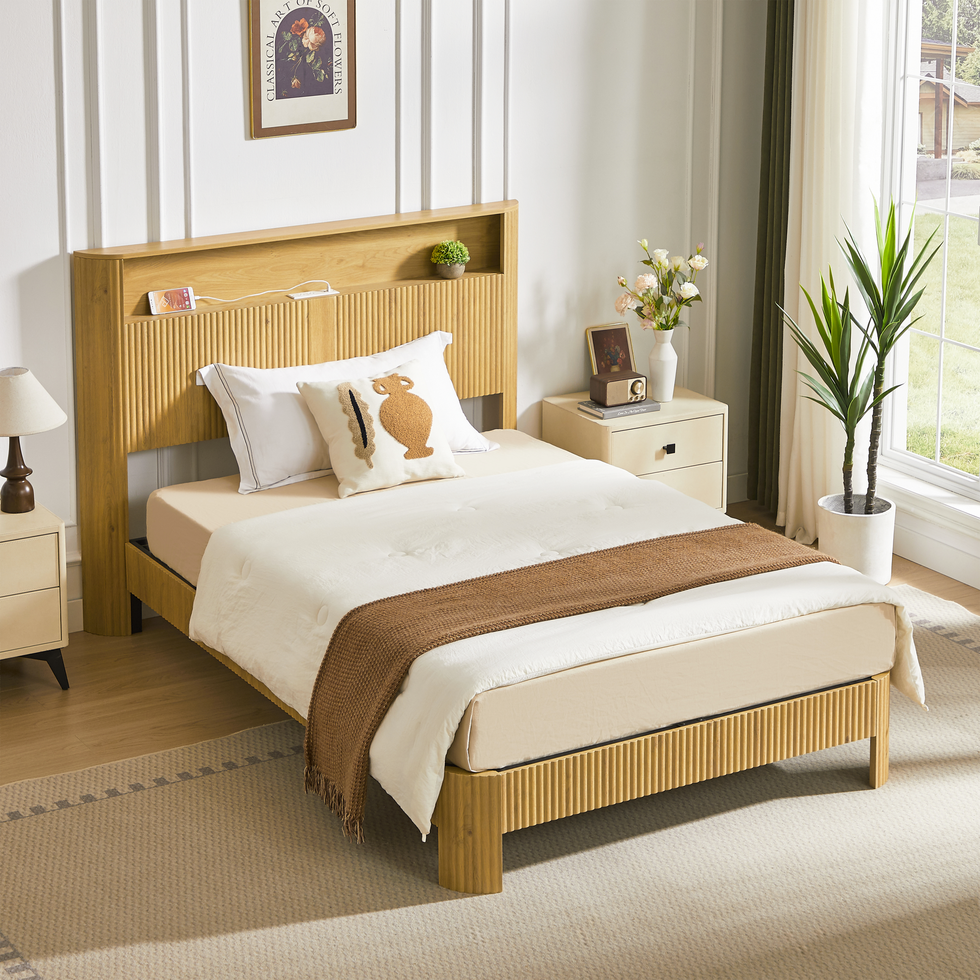 Full Extra Long(Full XL) Size bed frame with storage headboard, built-in charging station, wavy curved lines design, silent operation, metal support, Natural