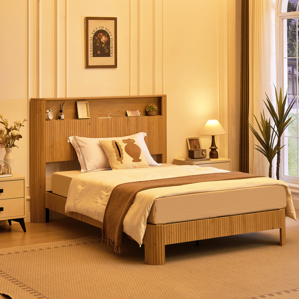 Full Extra Long(Full XL) Size bed frame with storage headboard, built-in charging station, wavy curved lines design, silent operation, metal support, Natural