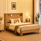 Full Extra Long(Full XL) Size bed frame with storage headboard, built-in charging station, wavy curved lines design, silent operation, metal support, Natural