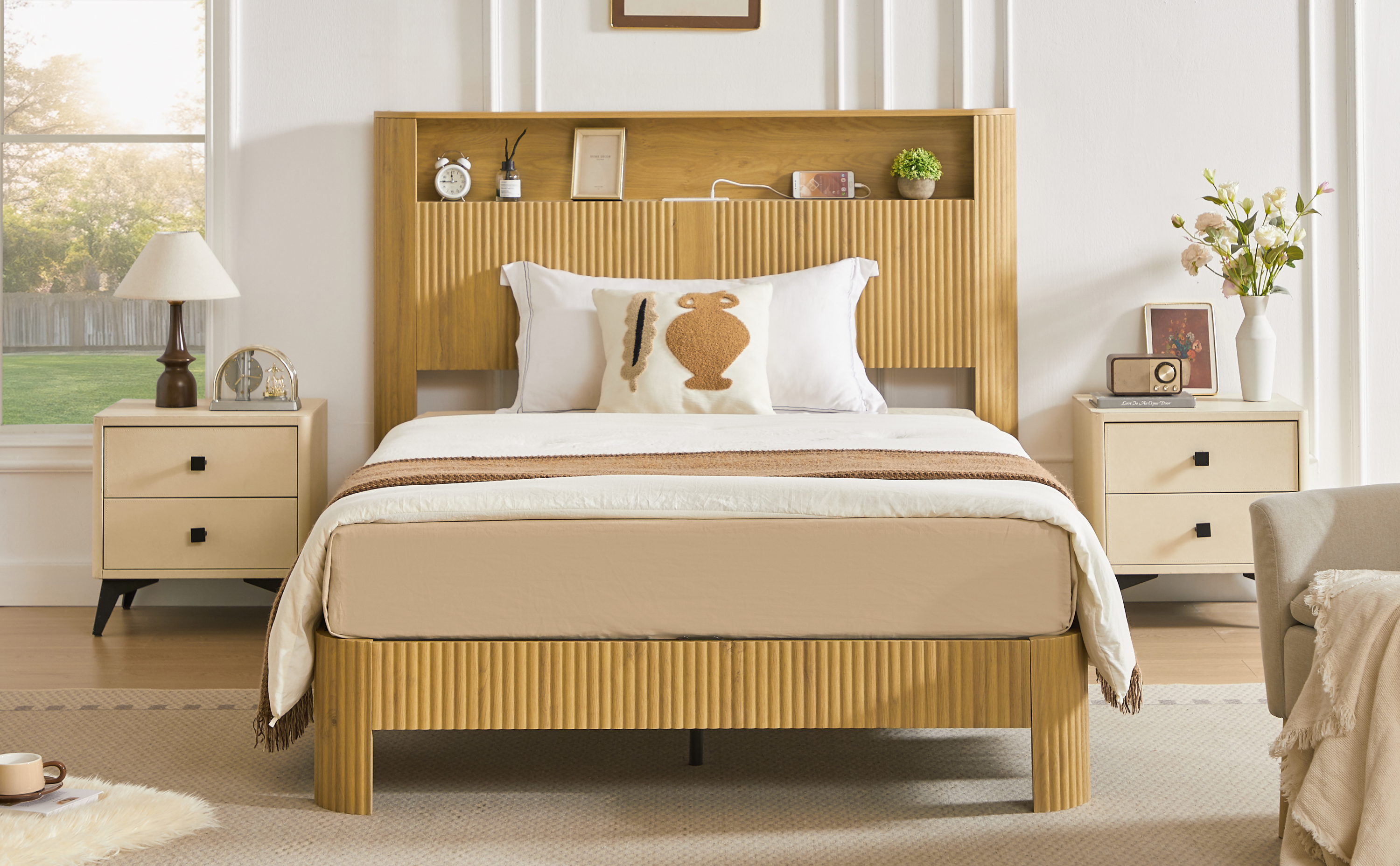 Full Extra Long(Full XL) Size bed frame with storage headboard, built-in charging station, wavy curved lines design, silent operation, metal support, Natural