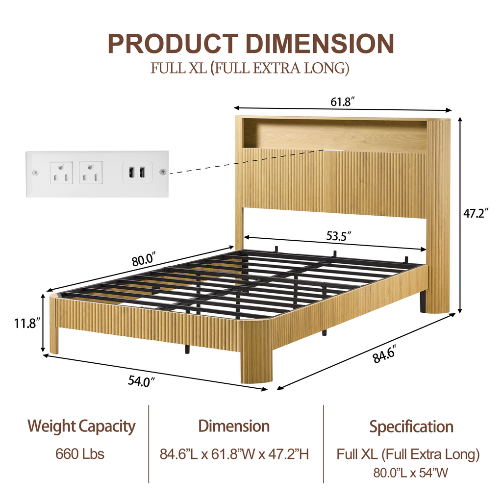 Full Extra Long(Full XL) Size bed frame with storage headboard, built-in charging station, wavy curved lines design, silent operation, metal support, Natural