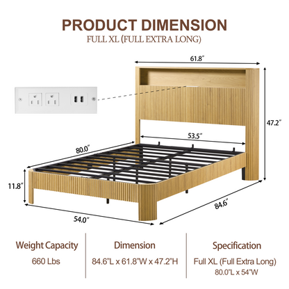 Full Extra Long(Full XL) Size bed frame with storage headboard, built-in charging station, wavy curved lines design, silent operation, metal support, Natural