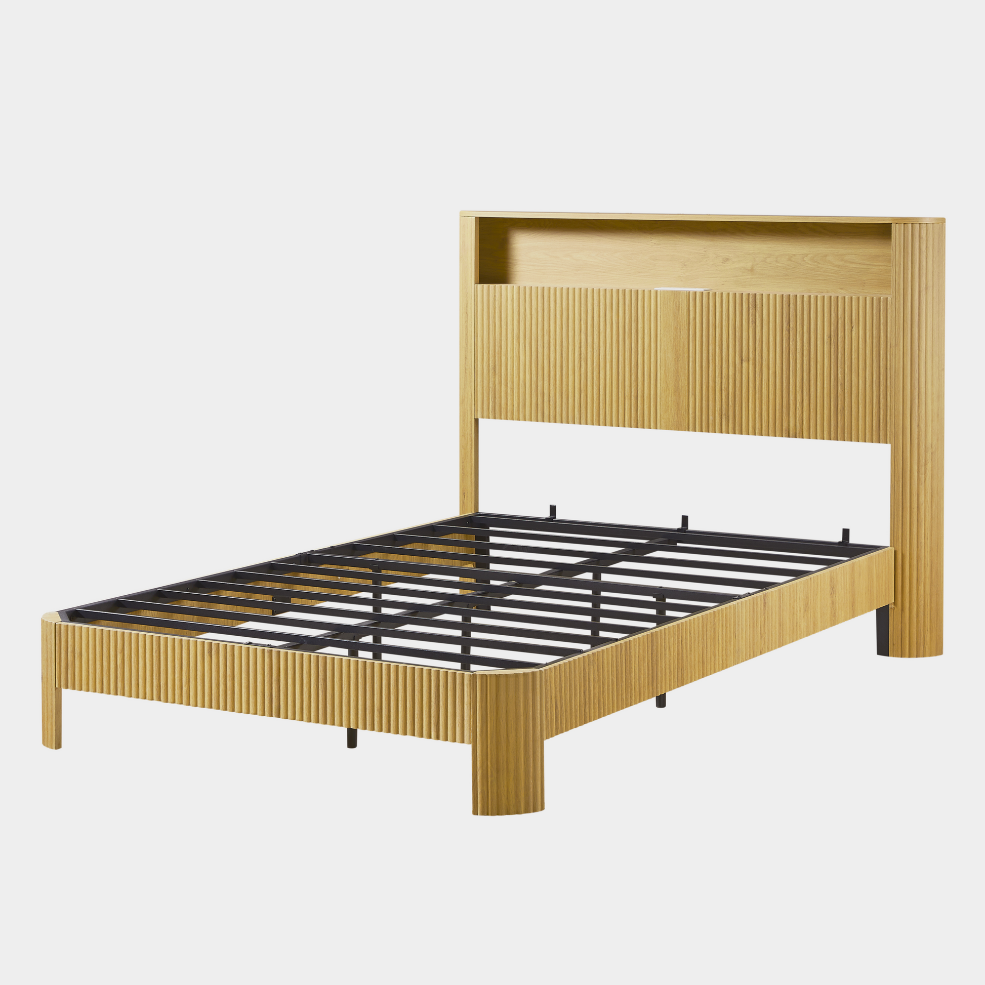 Full Extra Long(Full XL) Size bed frame with storage headboard, built-in charging station, wavy curved lines design, silent operation, metal support, Natural