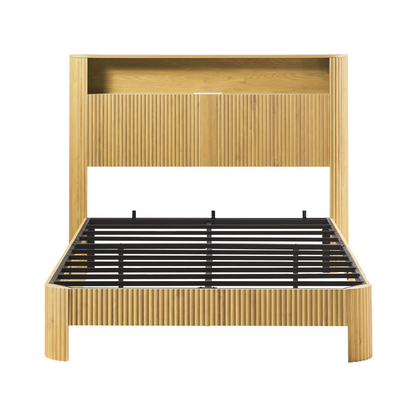 Full Extra Long(Full XL) Size bed frame with storage headboard, built-in charging station, wavy curved lines design, silent operation, metal support, Natural