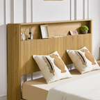 Full Extra Long(Full XL) Size bed frame with storage headboard, built-in charging station, wavy curved lines design, silent operation, metal support, Natural