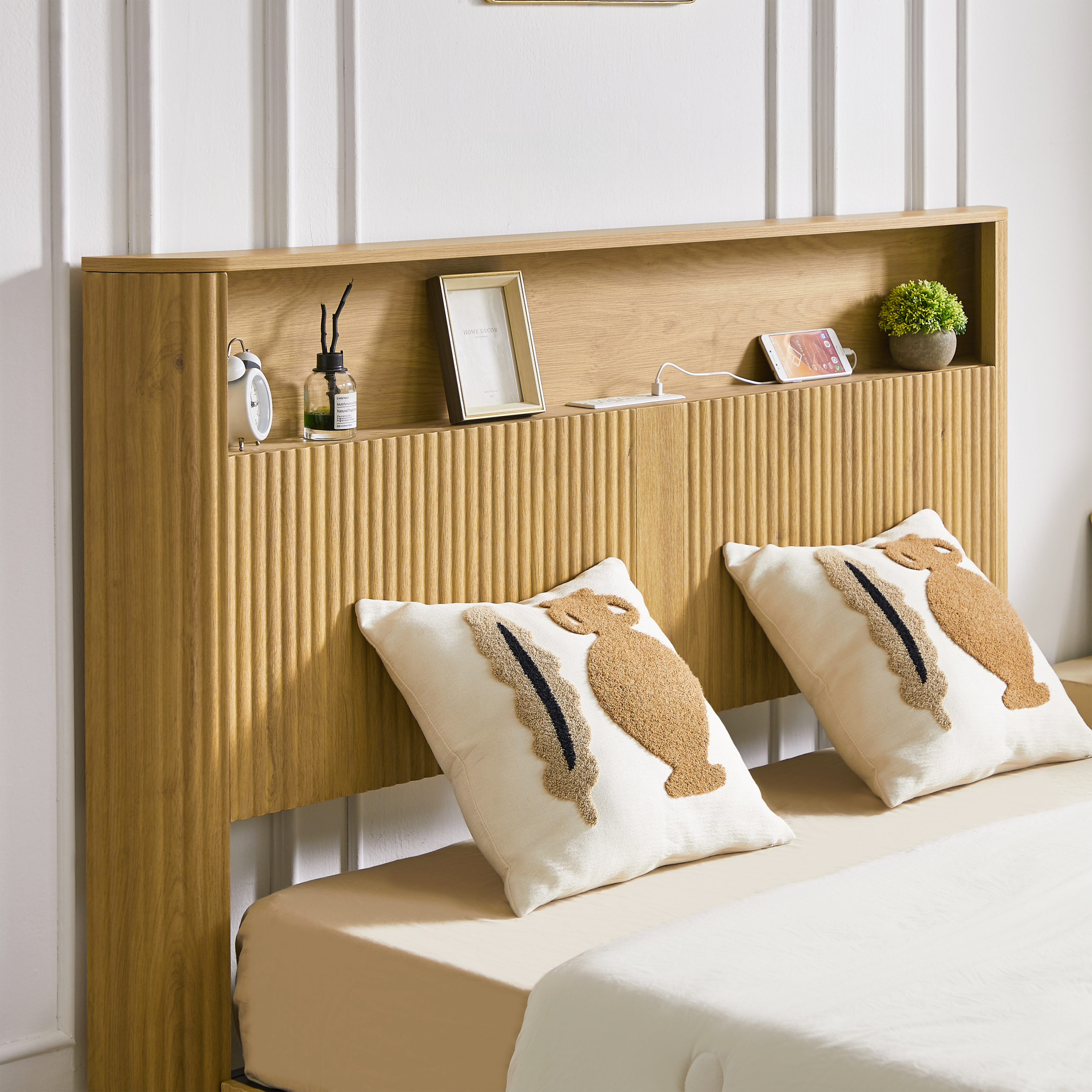 Full Extra Long(Full XL) Size bed frame with storage headboard, built-in charging station, wavy curved lines design, silent operation, metal support, Natural