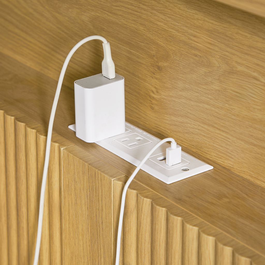 Full Extra Long(Full XL) Size bed frame with storage headboard, built-in charging station, wavy curved lines design, silent operation, metal support, Natural