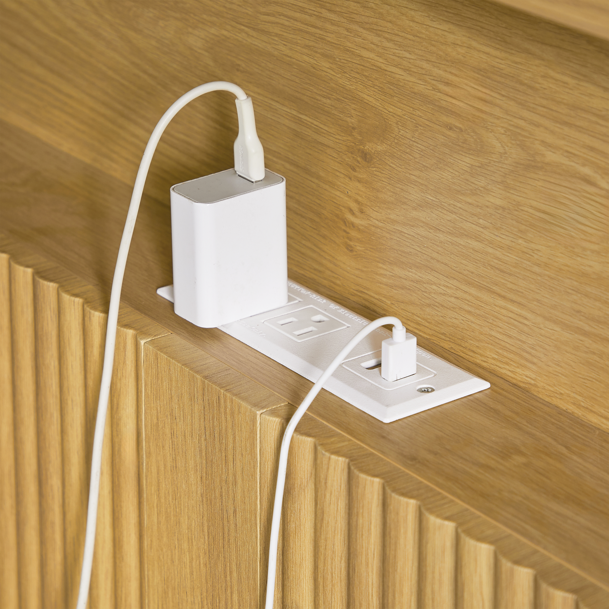 Full Extra Long(Full XL) Size bed frame with storage headboard, built-in charging station, wavy curved lines design, silent operation, metal support, Natural