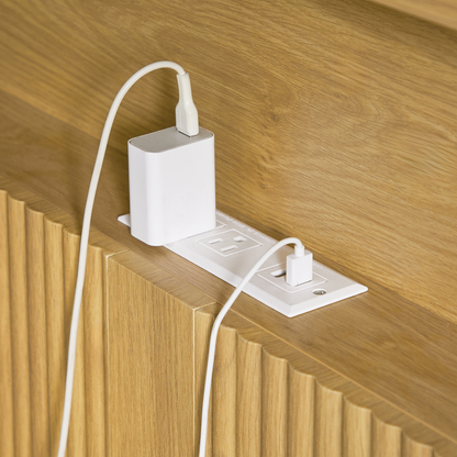 Full Extra Long(Full XL) Size bed frame with storage headboard, built-in charging station, wavy curved lines design, silent operation, metal support, Natural