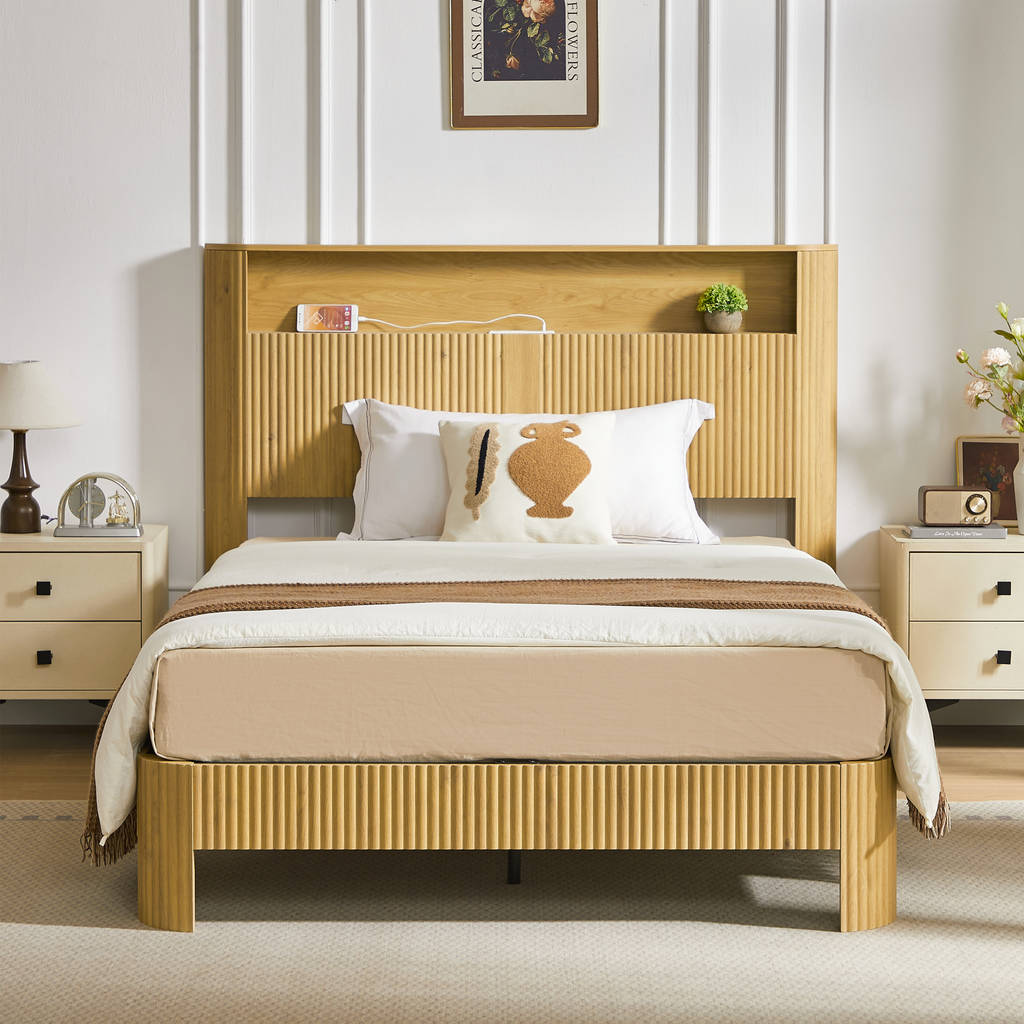Full Extra Long(Full XL) Size bed frame with storage headboard, built-in charging station, wavy curved lines design, silent operation, metal support, Natural
