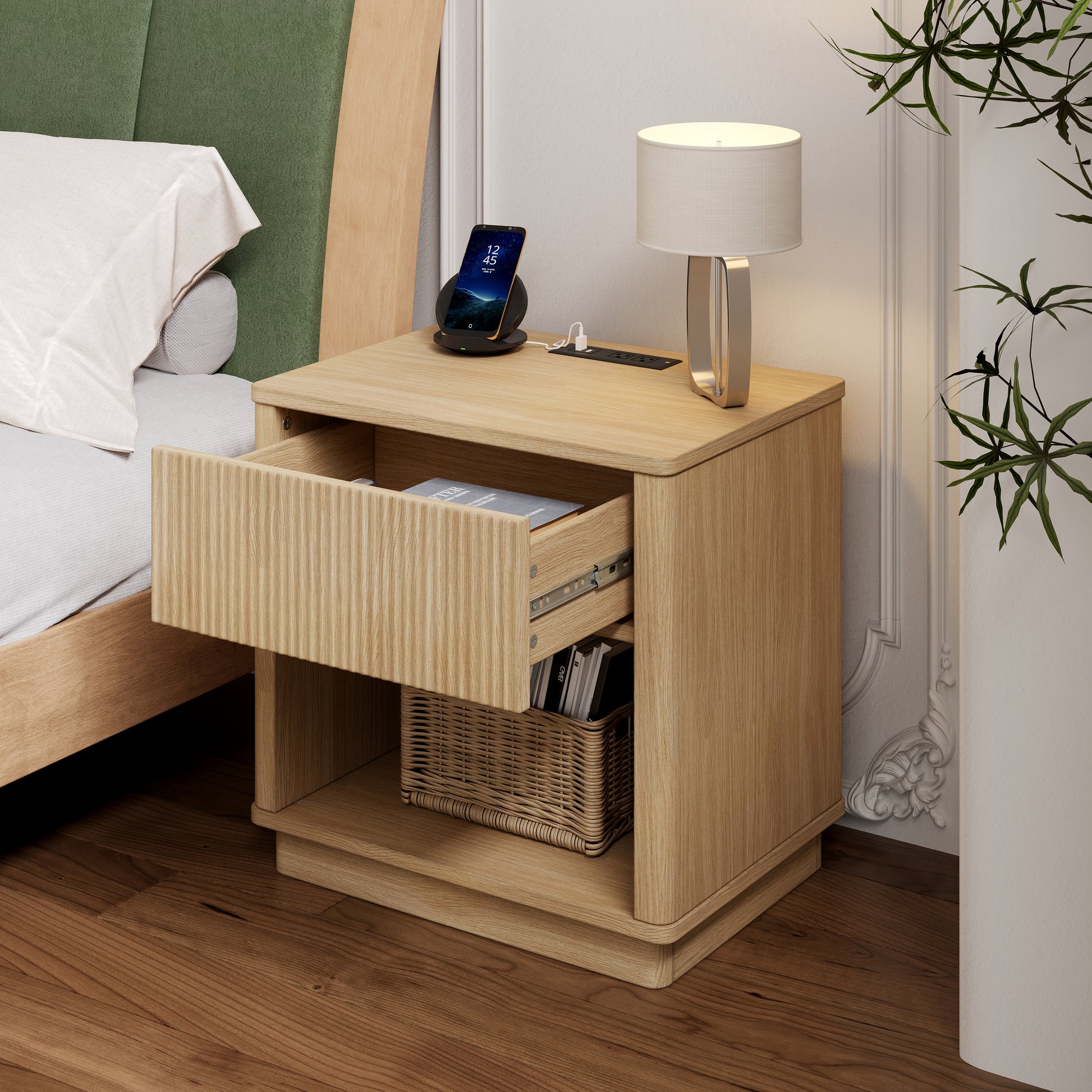 Nightstand with Outlet & USB Port, Modern Bedside Table with Charging Station and Storage Drawer, Modern Design for Small Spaces,Natural Color Nightstands