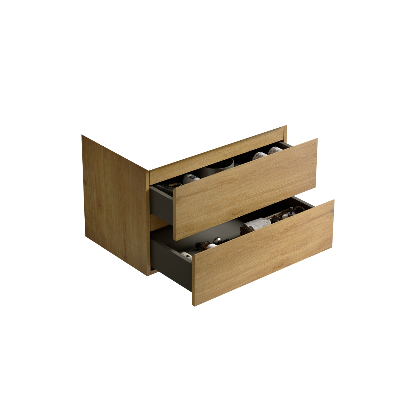 Wall mount cabinet WITHOUT basin, Natural oak color, with two drawers,KD Bathroom Cabinets