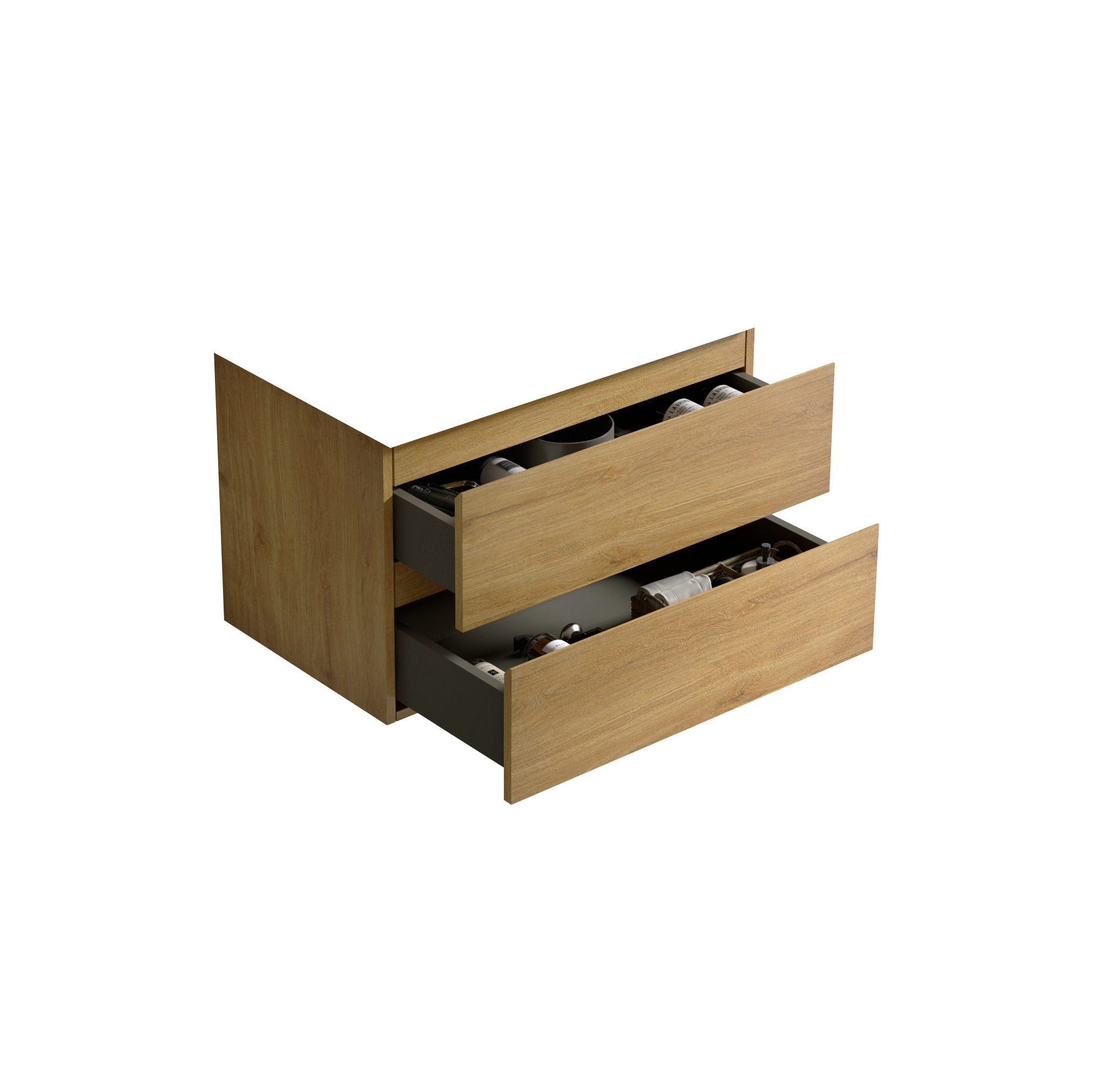 Wall mount cabinet WITHOUT basin, Natural oak color, with two drawers,KD Bathroom Cabinets
