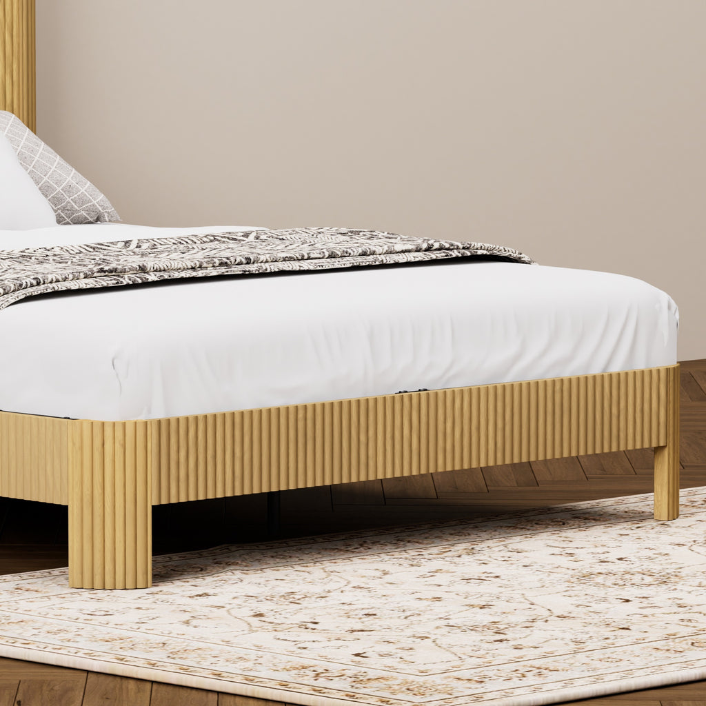 Queen Size bed frame with storage headboard, built-in charging station, wavy curved lines design, silent operation, metal support, Natural