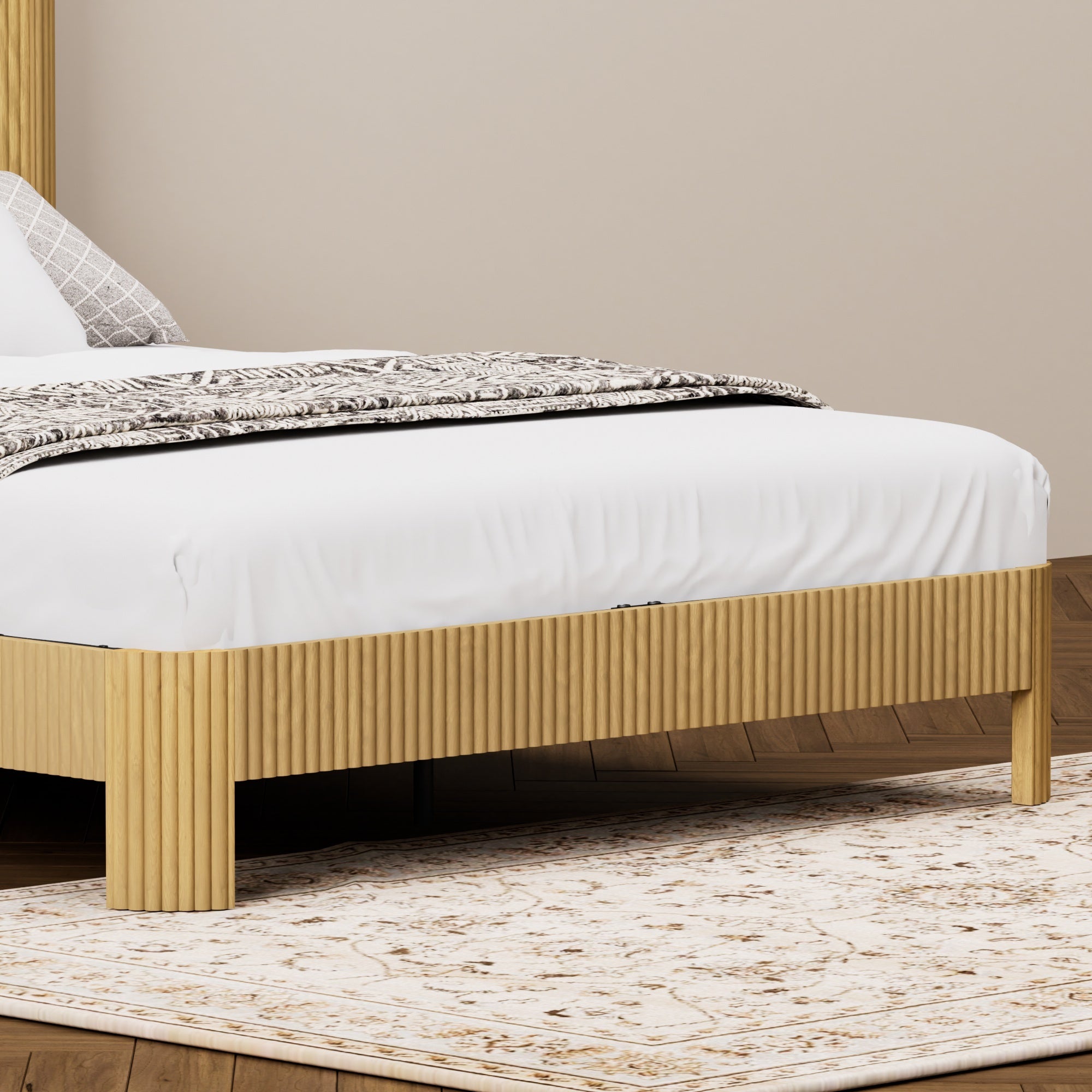 Queen Size bed frame with storage headboard, built-in charging station, wavy curved lines design, silent operation, metal support, Natural