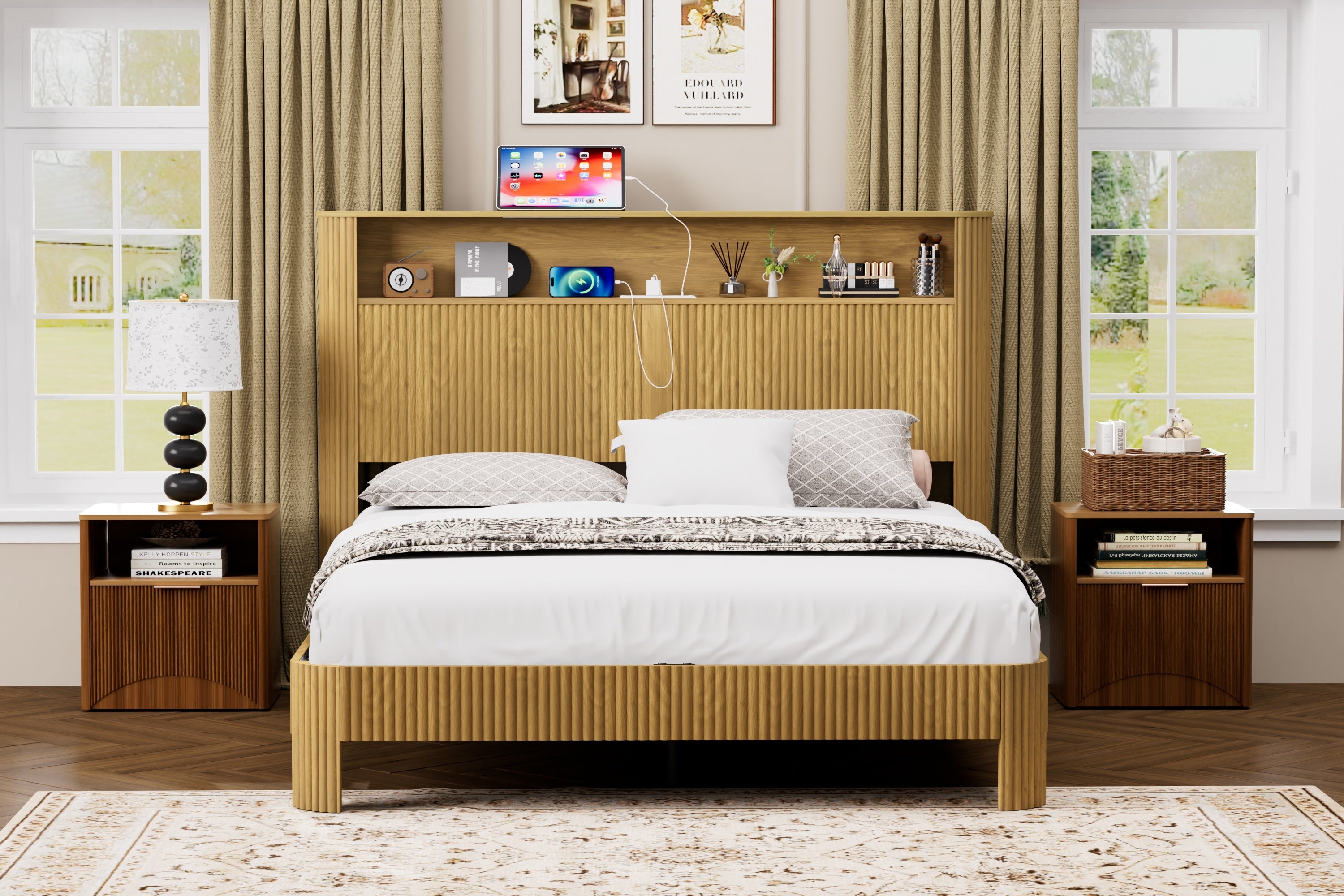 Queen Size bed frame with storage headboard, built-in charging station, wavy curved lines design, silent operation, metal support, Natural