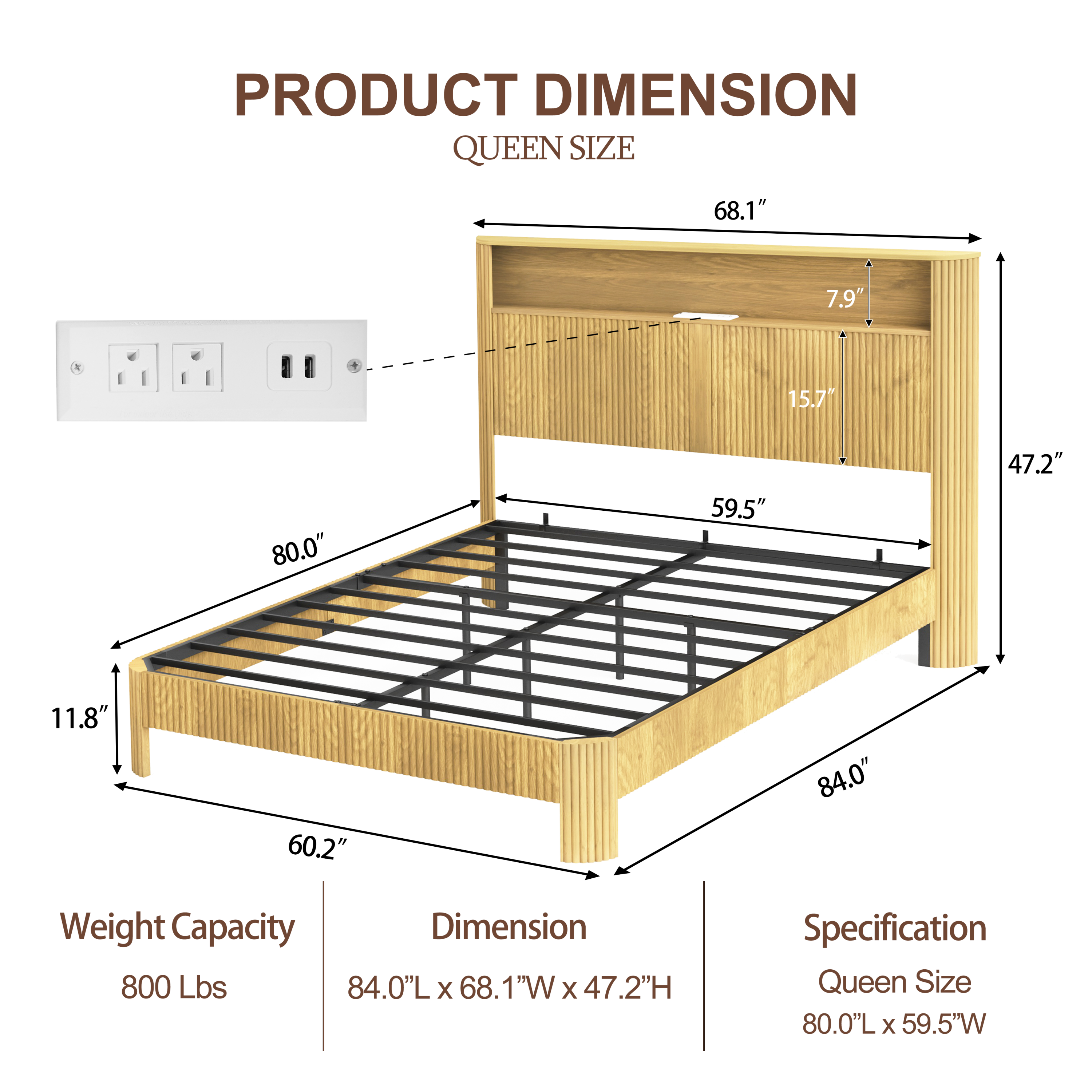 Queen Size bed frame with storage headboard, built-in charging station, wavy curved lines design, silent operation, metal support, Natural