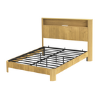 Queen Size bed frame with storage headboard, built-in charging station, wavy curved lines design, silent operation, metal support, Natural