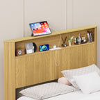 Queen Size bed frame with storage headboard, built-in charging station, wavy curved lines design, silent operation, metal support, Natural