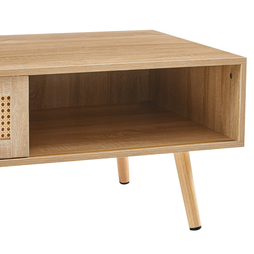 41.34" Rattan Coffee table, sliding door for storage, solid wood legs, Modern table for living room , natural - Groovy Boardz