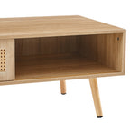 41.34" Rattan Coffee table, sliding door for storage, solid wood legs, Modern table for living room , natural - Groovy Boardz