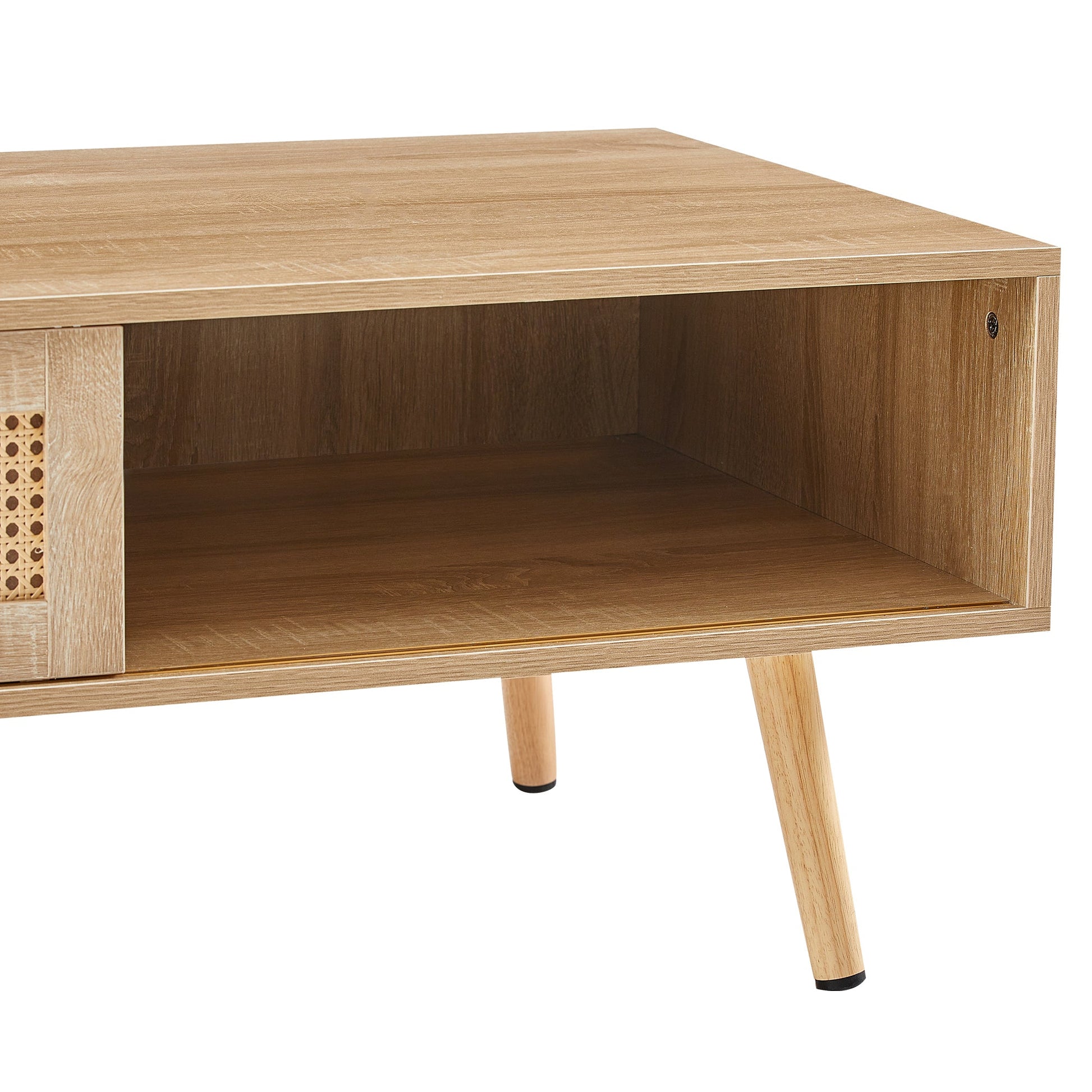 41.34" Rattan Coffee table, sliding door for storage, solid wood legs, Modern table for living room , natural - Groovy Boardz