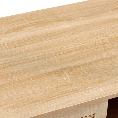 41.34" Rattan Coffee table, sliding door for storage, solid wood legs, Modern table for living room , natural - Groovy Boardz