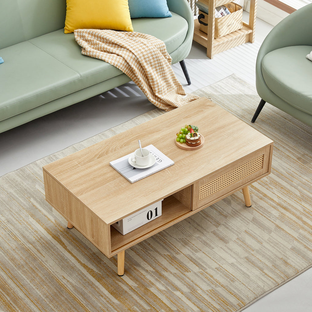 41.34" Rattan Coffee table, sliding door for storage, solid wood legs, Modern table for living room , natural - Groovy Boardz