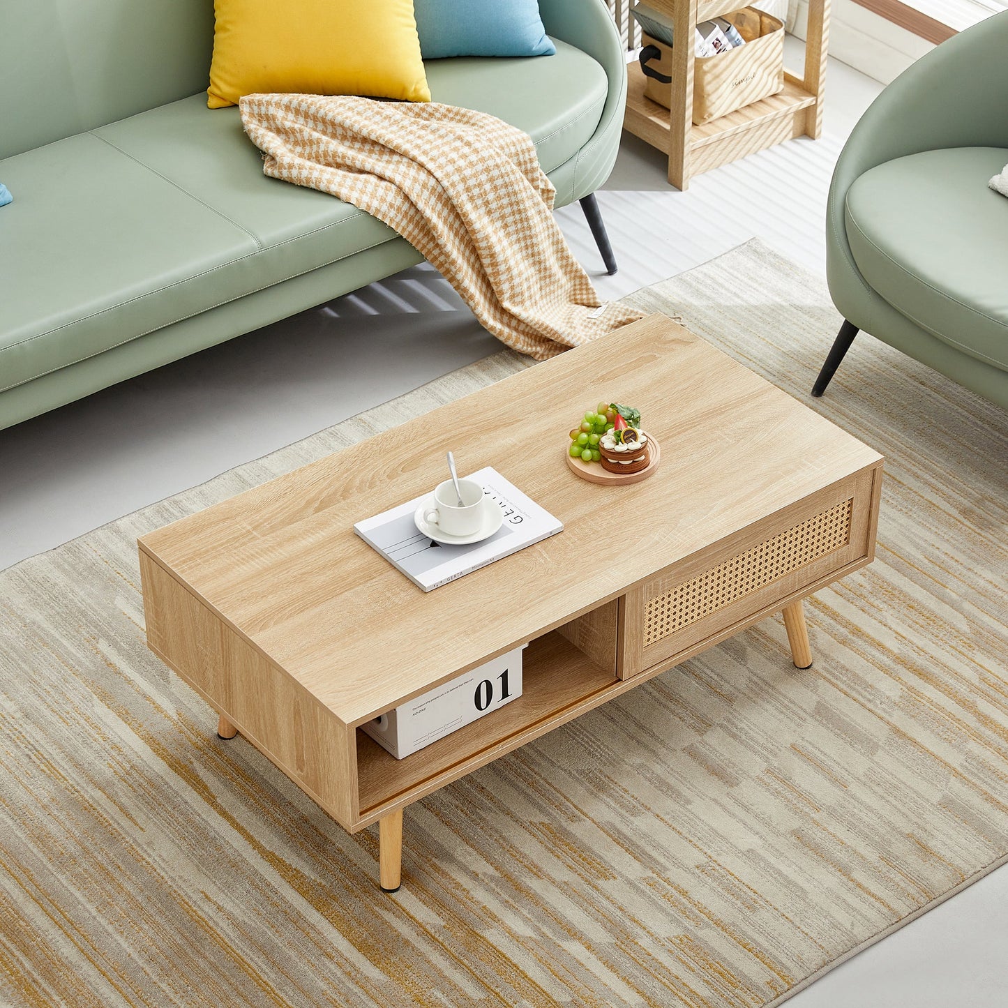 41.34" Rattan Coffee table, sliding door for storage, solid wood legs, Modern table for living room , natural - Groovy Boardz