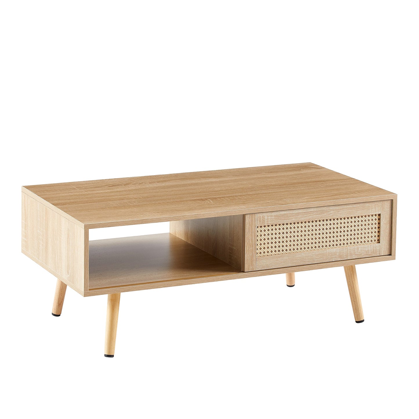 41.34" Rattan Coffee table, sliding door for storage, solid wood legs, Modern table for living room , natural - Groovy Boardz
