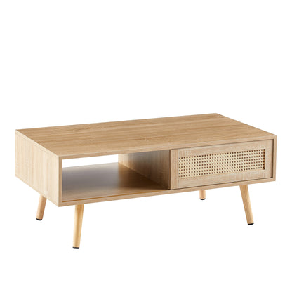 41.34" Rattan Coffee table, sliding door for storage, solid wood legs, Modern table for living room , natural - Groovy Boardz