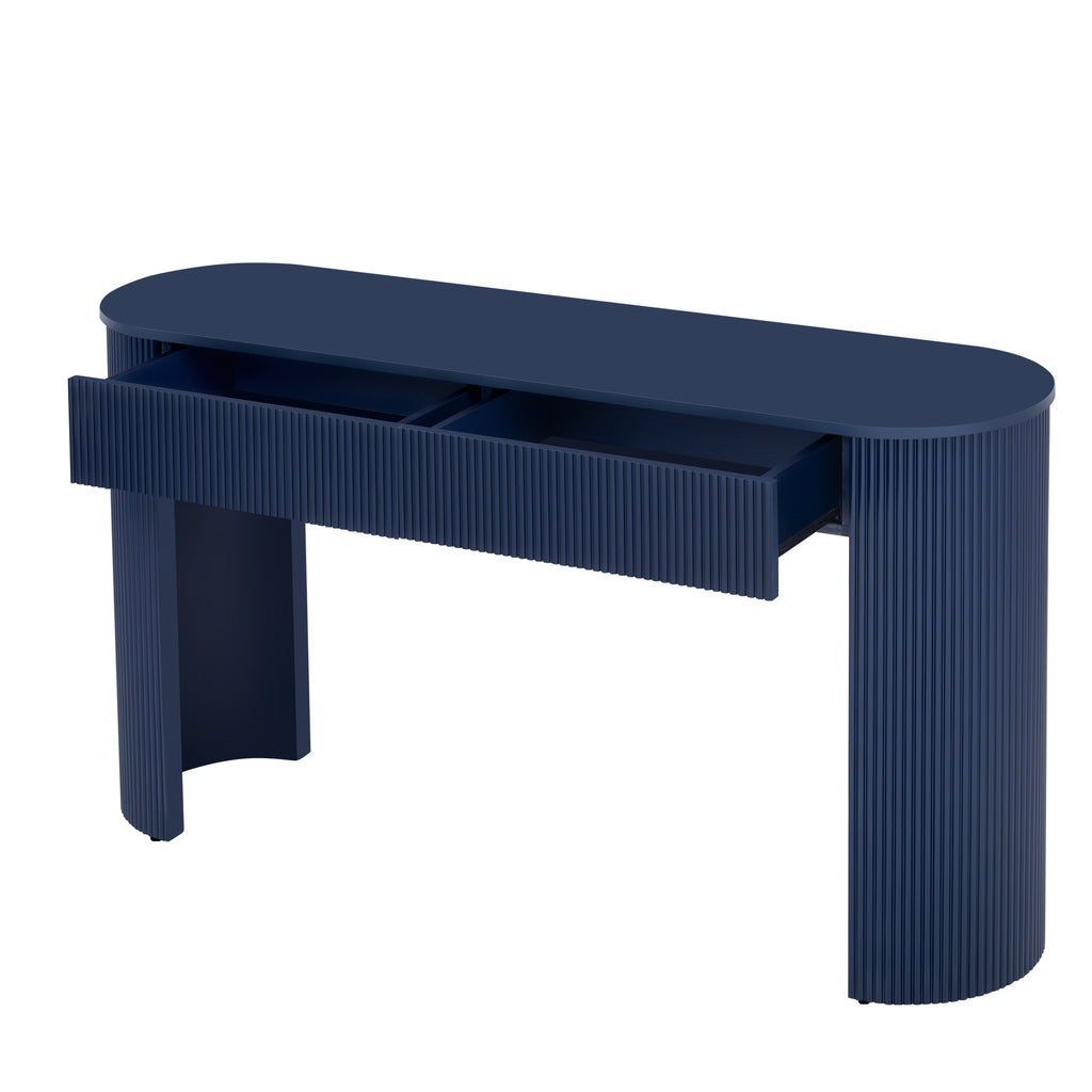 TREXM Entryway Table with Fluted Design, Modern Console Table with Storage, Oval Top and 2 Drawers for Entryway and Living Room (Navy)