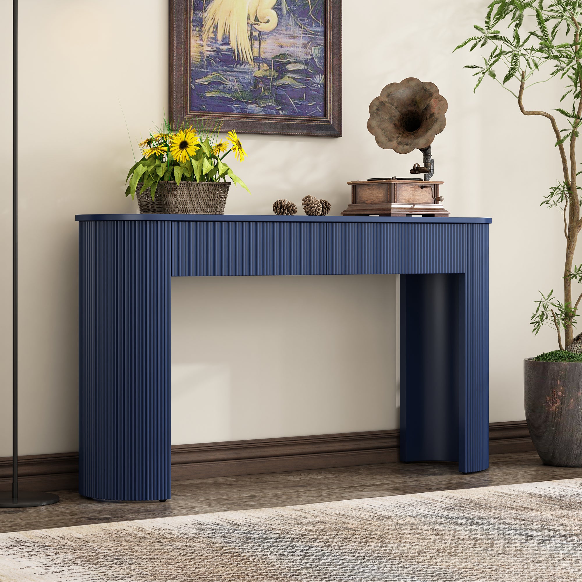 TREXM Entryway Table with Fluted Design, Modern Console Table with Storage, Oval Top and 2 Drawers for Entryway and Living Room (Navy)