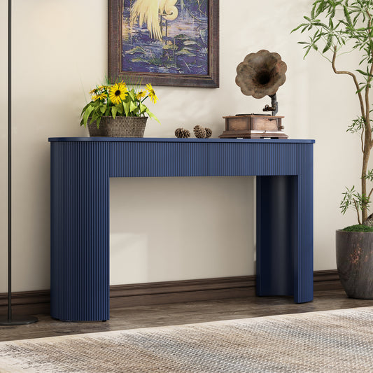 TREXM Entryway Table with Fluted Design, Modern Console Table with Storage, Oval Top and 2 Drawers for Entryway and Living Room (Navy)