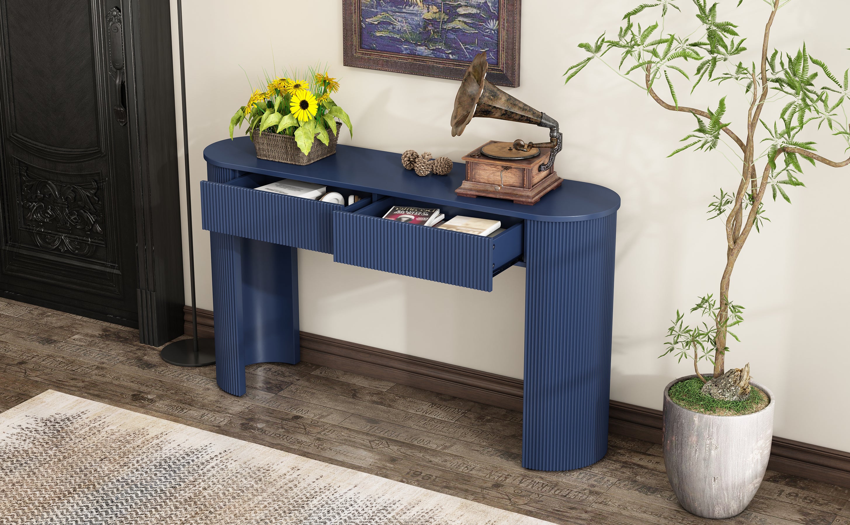TREXM Entryway Table with Fluted Design, Modern Console Table with Storage, Oval Top and 2 Drawers for Entryway and Living Room (Navy)