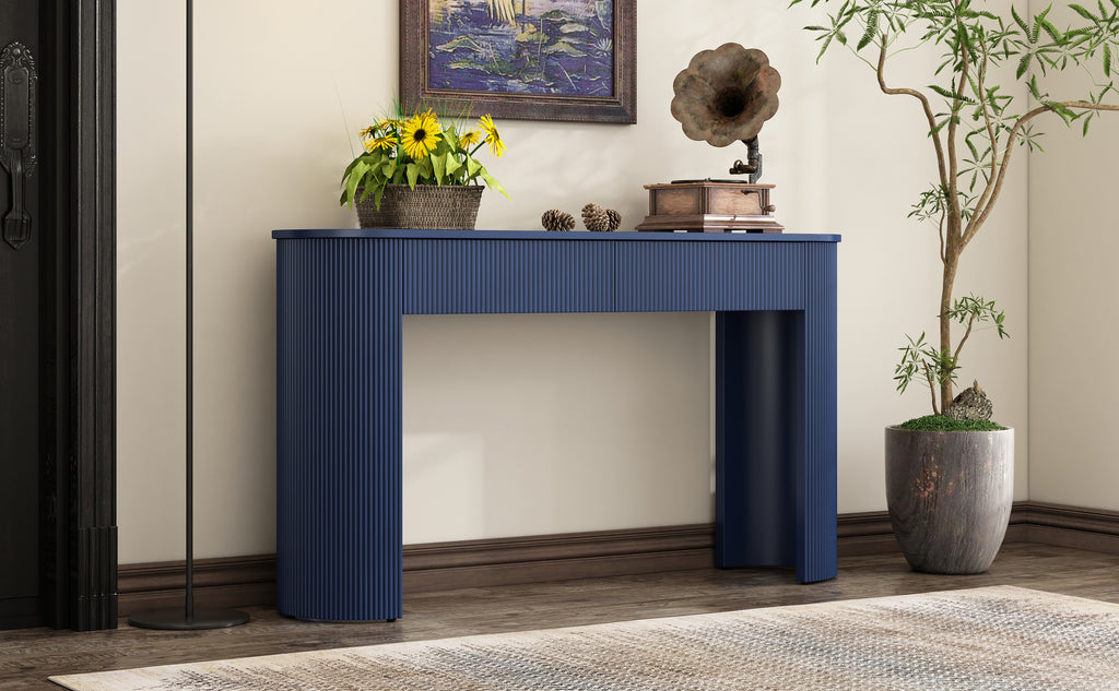 TREXM Entryway Table with Fluted Design, Modern Console Table with Storage, Oval Top and 2 Drawers for Entryway and Living Room (Navy)