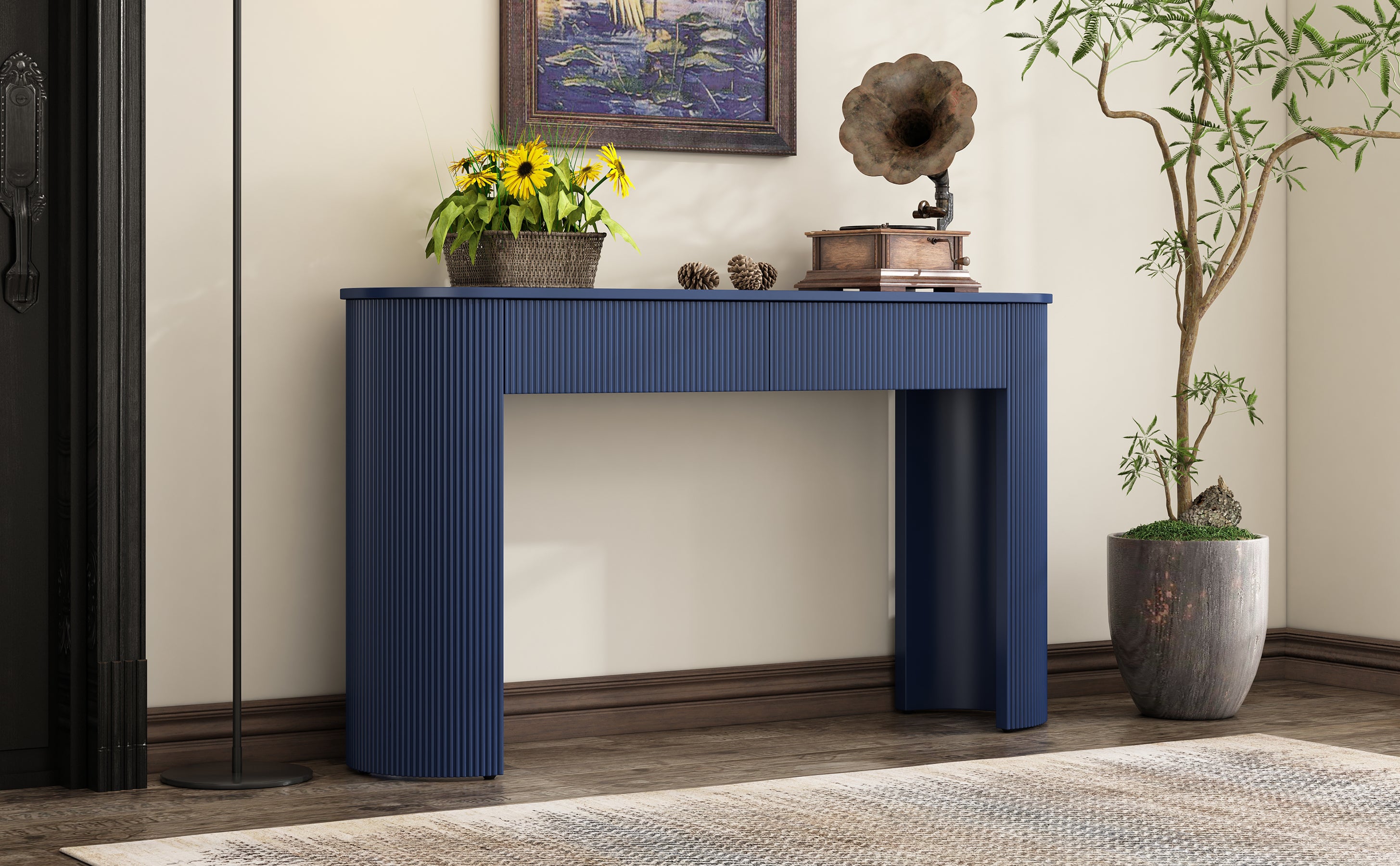TREXM Entryway Table with Fluted Design, Modern Console Table with Storage, Oval Top and 2 Drawers for Entryway and Living Room (Navy)