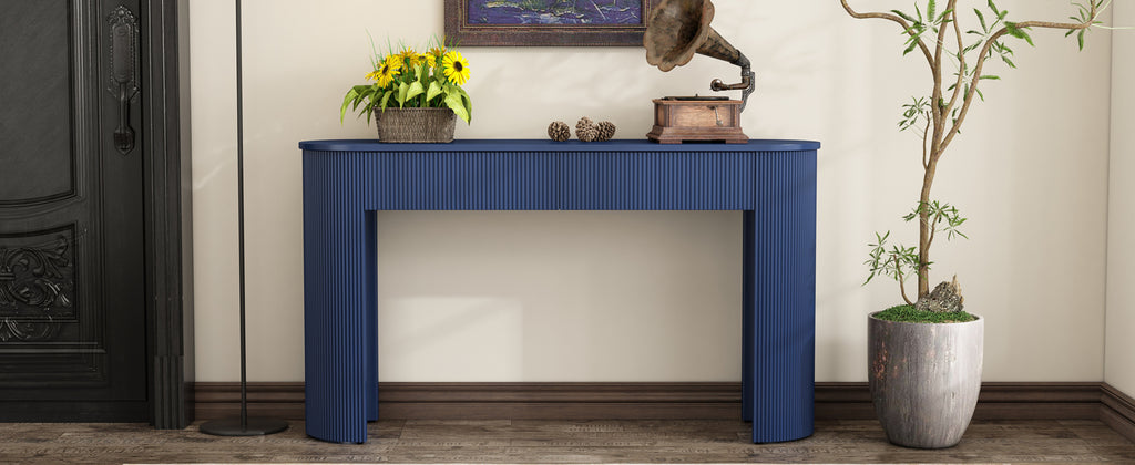 TREXM Entryway Table with Fluted Design, Modern Console Table with Storage, Oval Top and 2 Drawers for Entryway and Living Room (Navy)
