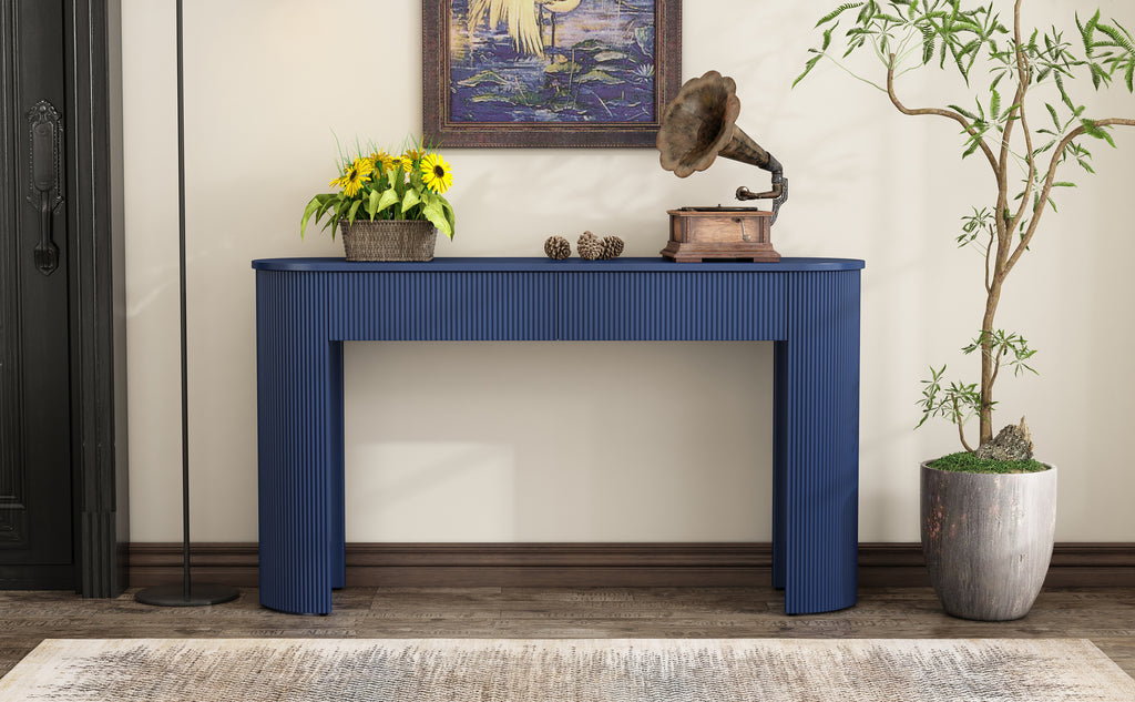 TREXM Entryway Table with Fluted Design, Modern Console Table with Storage, Oval Top and 2 Drawers for Entryway and Living Room (Navy)