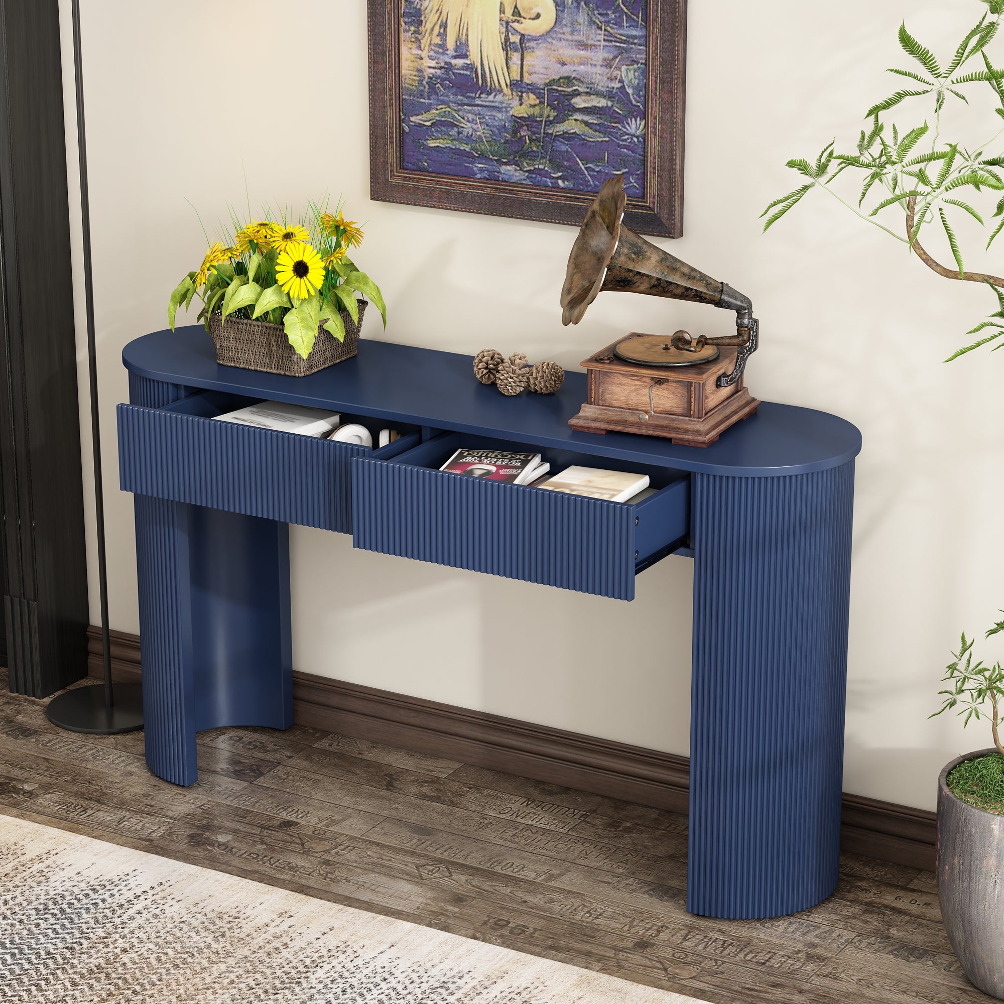 TREXM Entryway Table with Fluted Design, Modern Console Table with Storage, Oval Top and 2 Drawers for Entryway and Living Room (Navy)