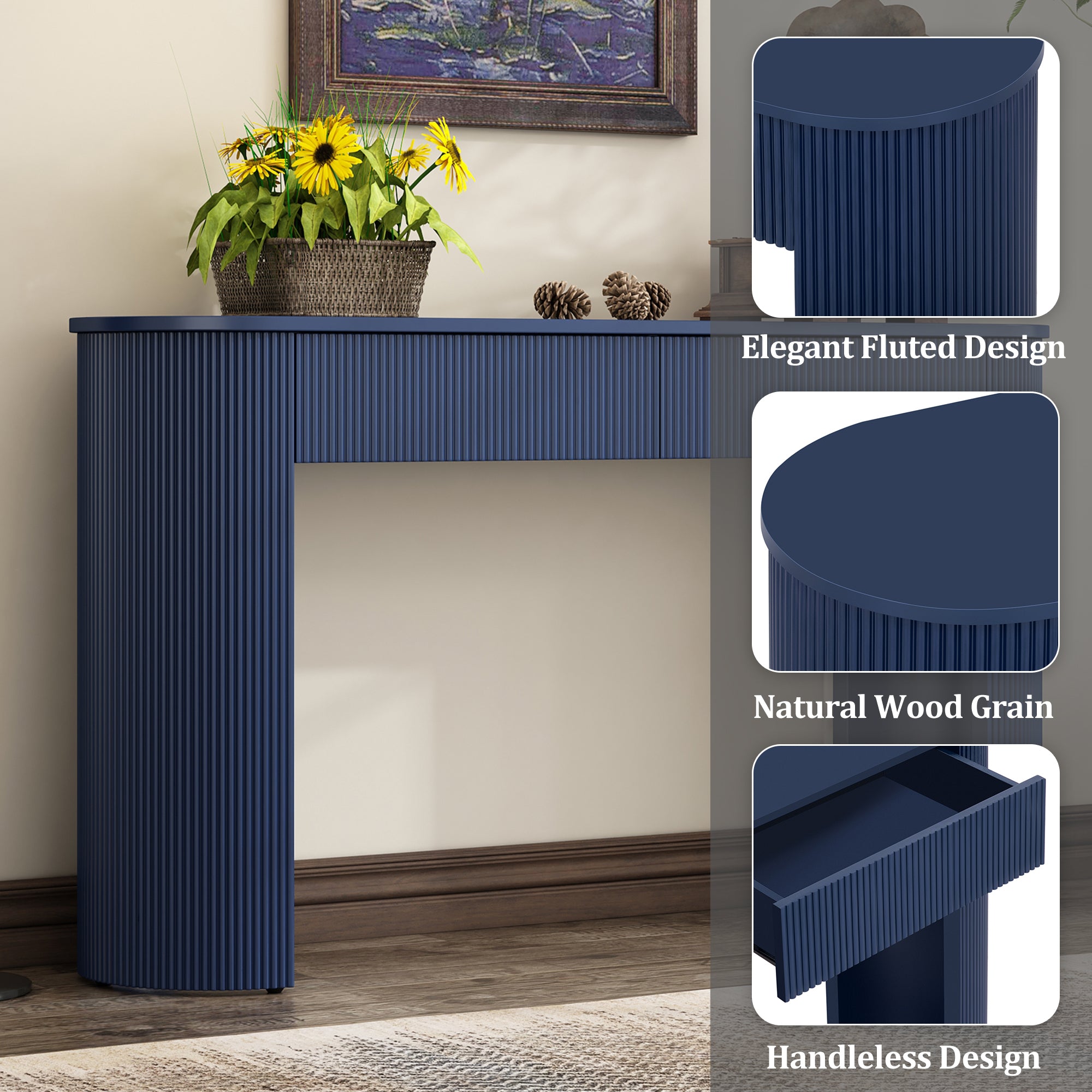 TREXM Entryway Table with Fluted Design, Modern Console Table with Storage, Oval Top and 2 Drawers for Entryway and Living Room (Navy)