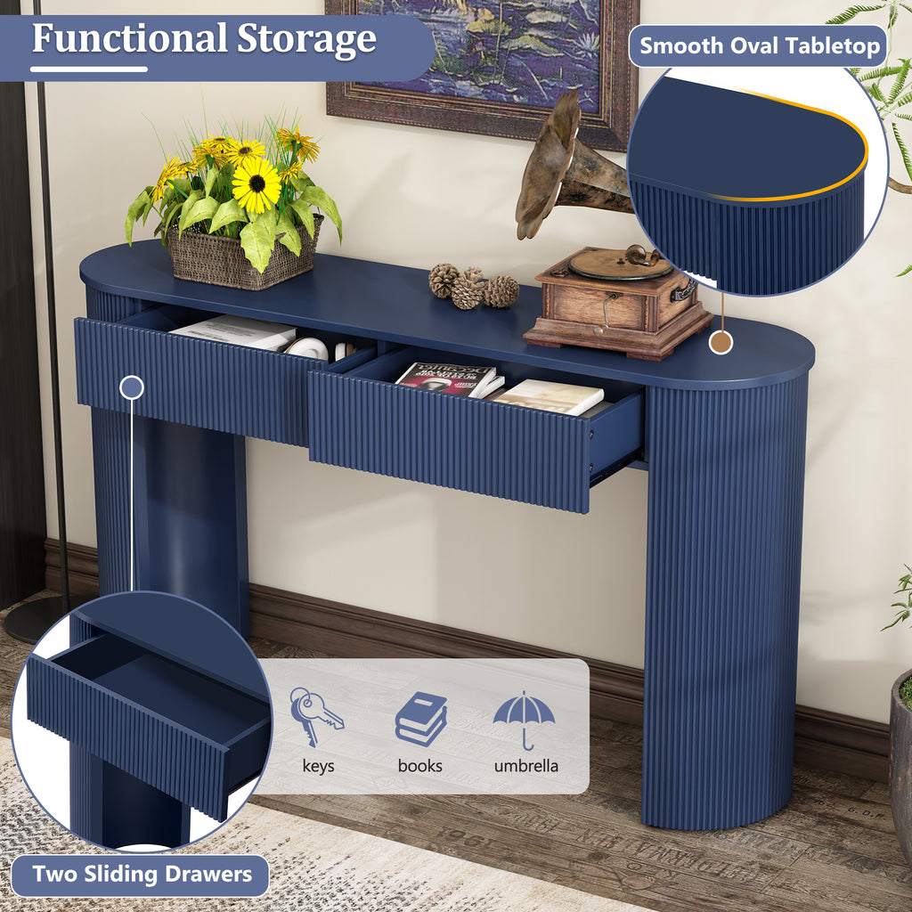 TREXM Entryway Table with Fluted Design, Modern Console Table with Storage, Oval Top and 2 Drawers for Entryway and Living Room (Navy)